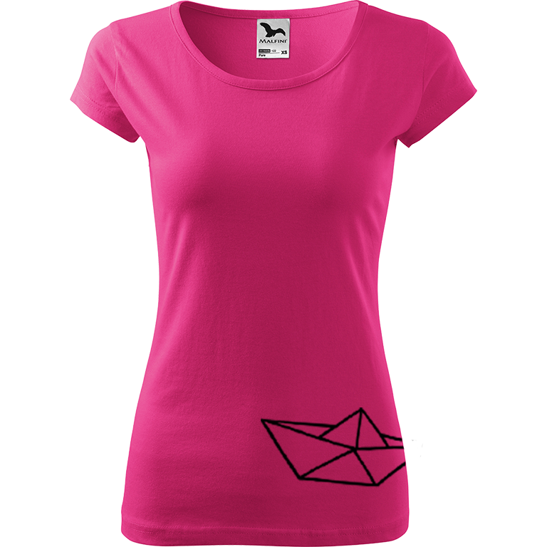 Ručně malované dámské bavlněné tričko - Papírová loďka 2 Barva trička: RŮŽOVÁ, Velikost trička: S, Barva motivu: ČERNÁ