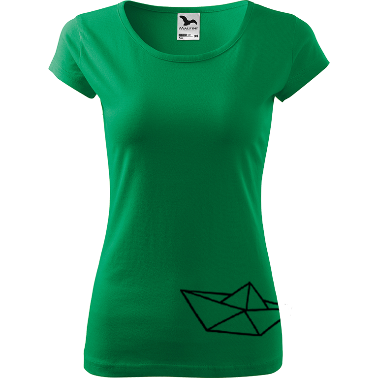 Ručně malované dámské bavlněné tričko - Papírová loďka 2 Barva trička: STŘEDNĚ ZELENÁ, Velikost trička: S, Barva motivu: ČERNÁ