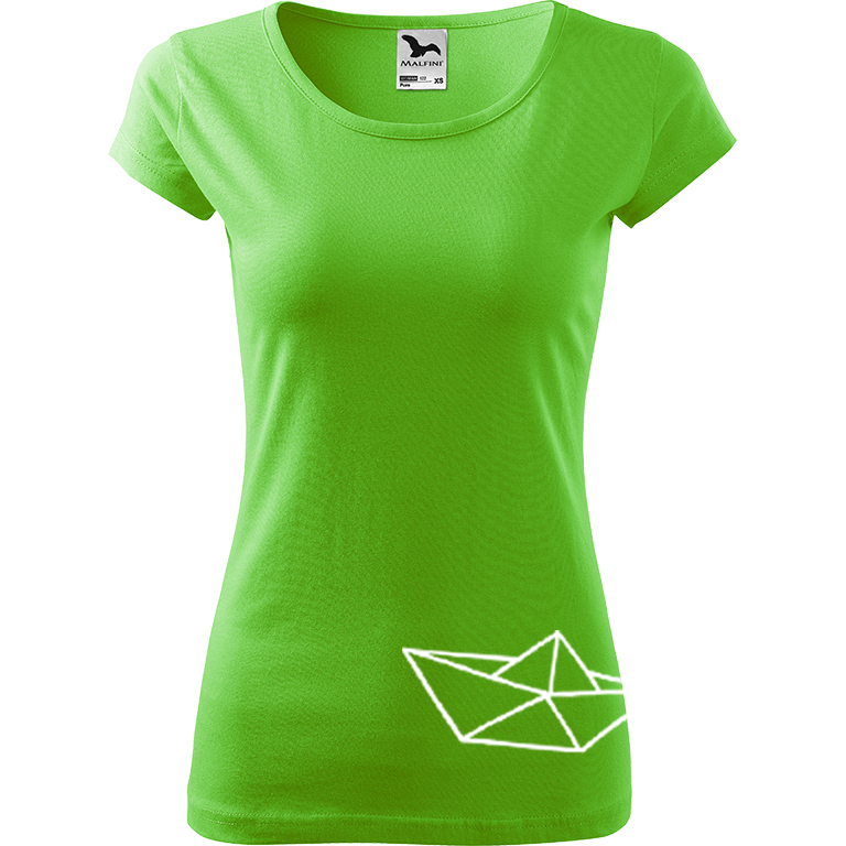 Ručně malované dámské bavlněné tričko - Papírová loďka 2 Barva trička: SVĚTLE ZELENÁ, Velikost trička: XL, Barva motivu: BÍLÁ