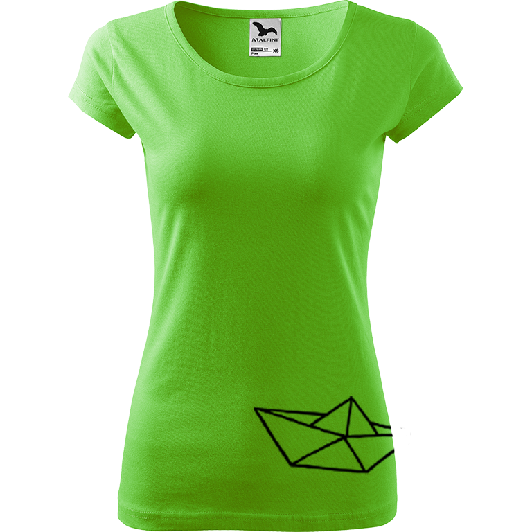 Ručně malované dámské bavlněné tričko - Papírová loďka 2 Barva trička: SVĚTLE ZELENÁ, Velikost trička: XL, Barva motivu: ČERNÁ