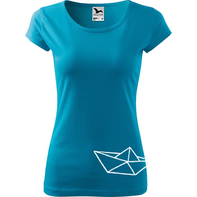 Ručně malované dámské bavlněné tričko - Papírová loďka 2 Barva trička: TYRKYSOVÁ, Velikost trička: M, Barva motivu: BÍLÁ