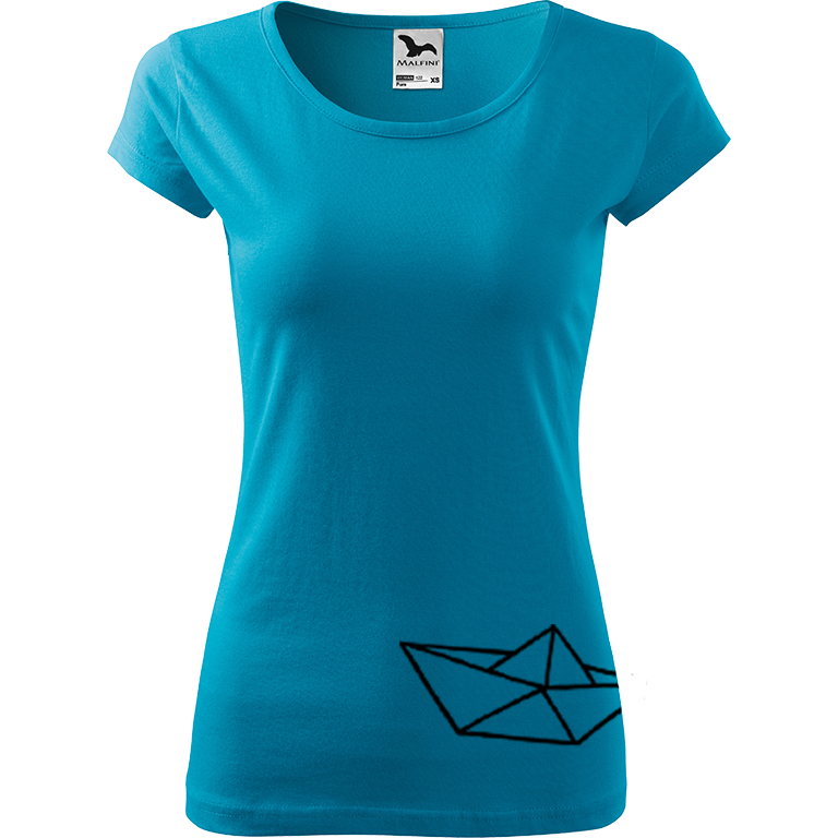 Ručně malované dámské bavlněné tričko - Papírová loďka 2 Barva trička: TYRKYSOVÁ, Velikost trička: M, Barva motivu: ČERNÁ