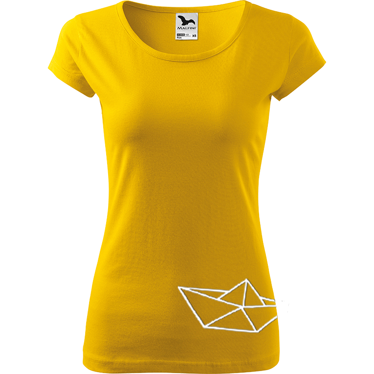 Ručně malované dámské bavlněné tričko - Papírová loďka 2 Barva trička: ŽLUTÁ, Velikost trička: XXL, Barva motivu: BÍLÁ