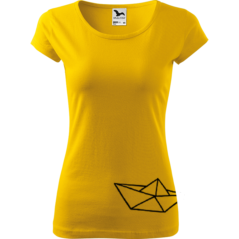 Ručně malované dámské bavlněné tričko - Papírová loďka 2 Barva trička: ŽLUTÁ, Velikost trička: M, Barva motivu: ČERNÁ