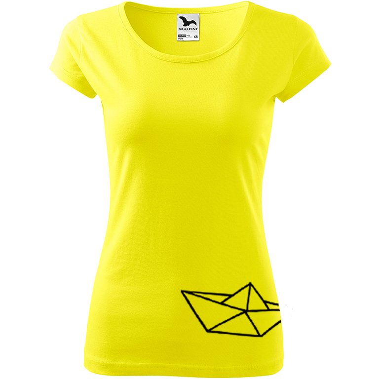 Ručně malované dámské bavlněné tričko - Papírová loďka 2 Barva trička: CITRONOVÁ, Velikost trička: M, Barva motivu: ČERNÁ