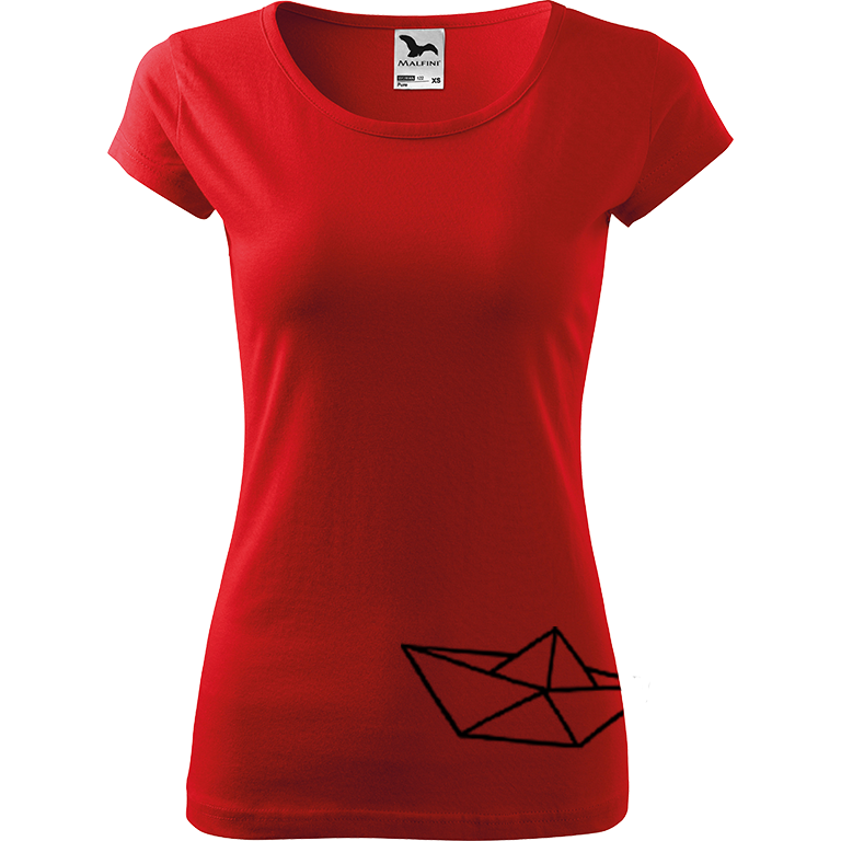 Ručně malované dámské bavlněné tričko - Papírová loďka 2 Barva trička: ČERVENÁ, Velikost trička: M, Barva motivu: ČERNÁ