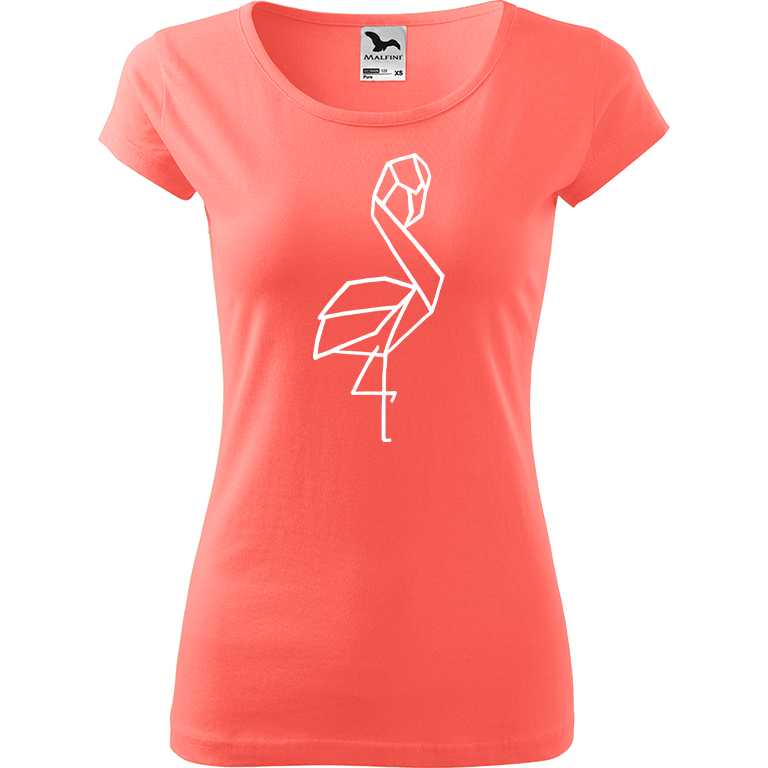 Ručně malované dámské bavlněné tričko - Plameňák - 1 Barva trička: KORÁLOVÁ, Velikost trička: XXL, Barva motivu: BÍLÁ