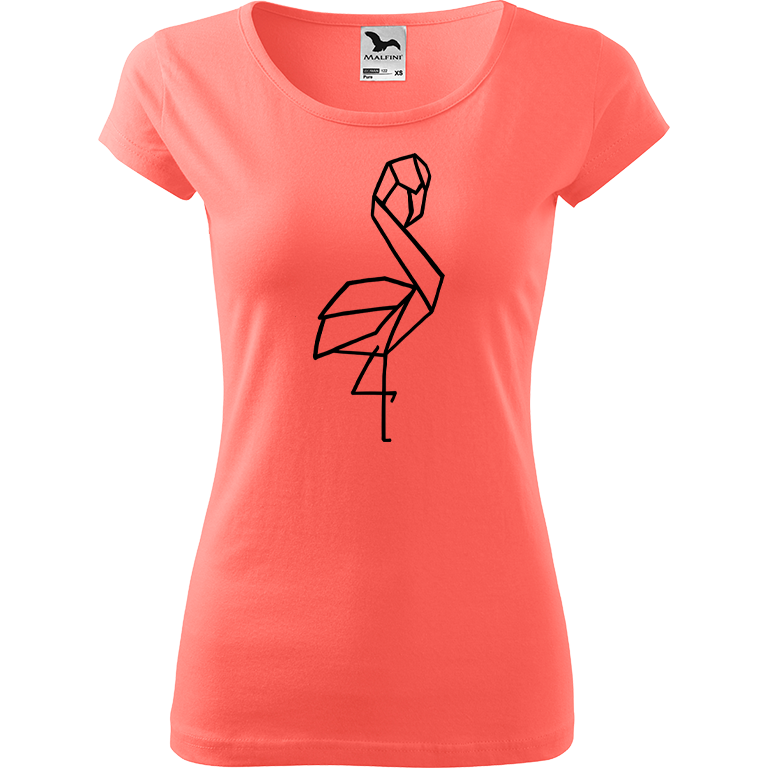 Ručně malované dámské bavlněné tričko - Plameňák - 1 Barva trička: KORÁLOVÁ, Velikost trička: XXL, Barva motivu: ČERNÁ