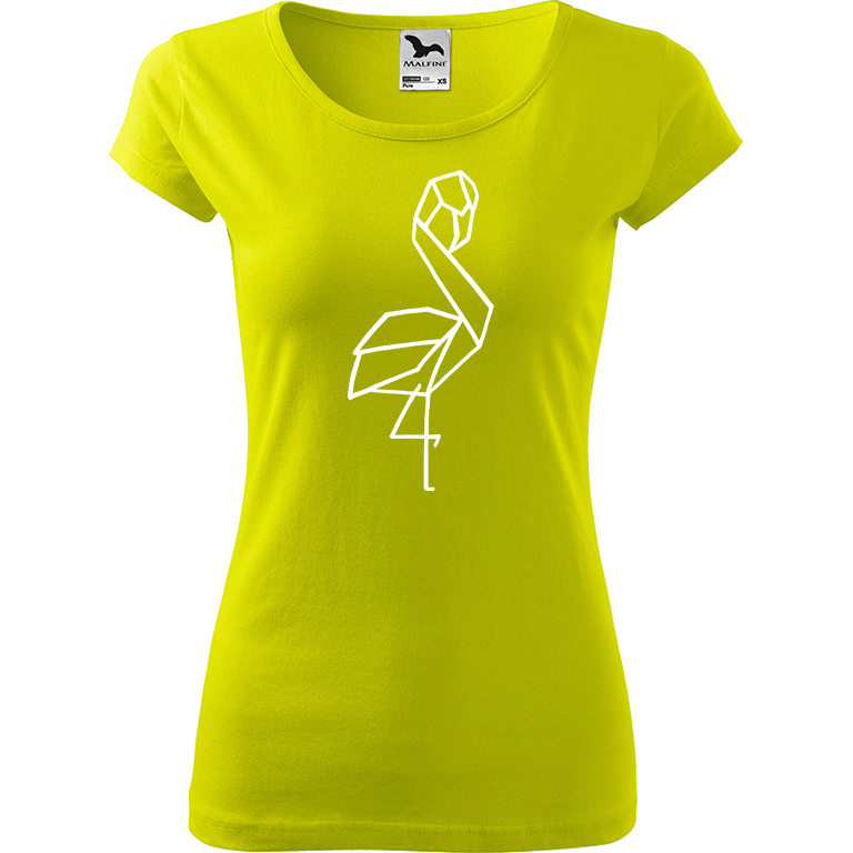 Ručně malované dámské bavlněné tričko - Plameňák - 1 Barva trička: LIMETKOVÁ, Velikost trička: S, Barva motivu: BÍLÁ