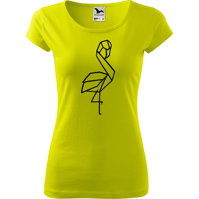 Ručně malované dámské bavlněné tričko - Plameňák - 1 Barva trička: LIMETKOVÁ, Velikost trička: M, Barva motivu: ČERNÁ