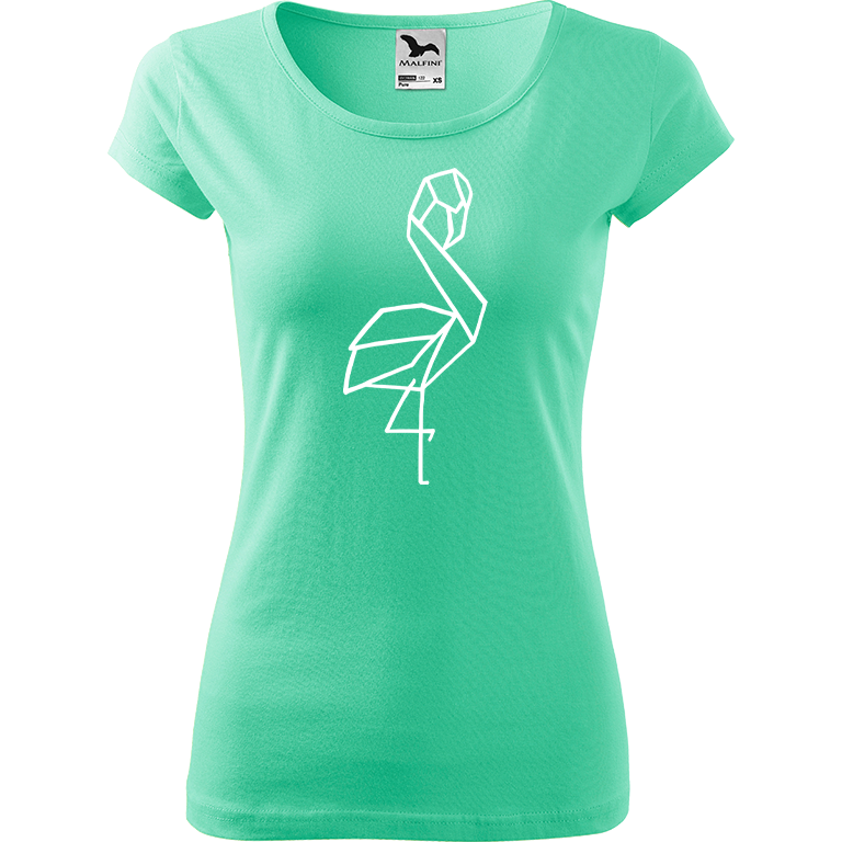 Ručně malované dámské bavlněné tričko - Plameňák - 1 Barva trička: MÁTOVÁ, Velikost trička: XS, Barva motivu: BÍLÁ