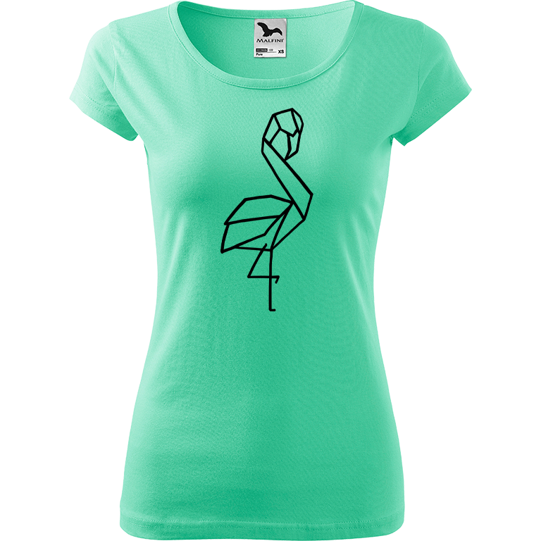 Ručně malované dámské bavlněné tričko - Plameňák - 1 Barva trička: MÁTOVÁ, Velikost trička: L, Barva motivu: ČERNÁ