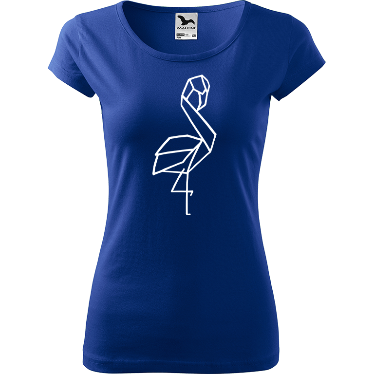 Ručně malované dámské bavlněné tričko - Plameňák - 1 Barva trička: MODRÁ, Velikost trička: M, Barva motivu: BÍLÁ