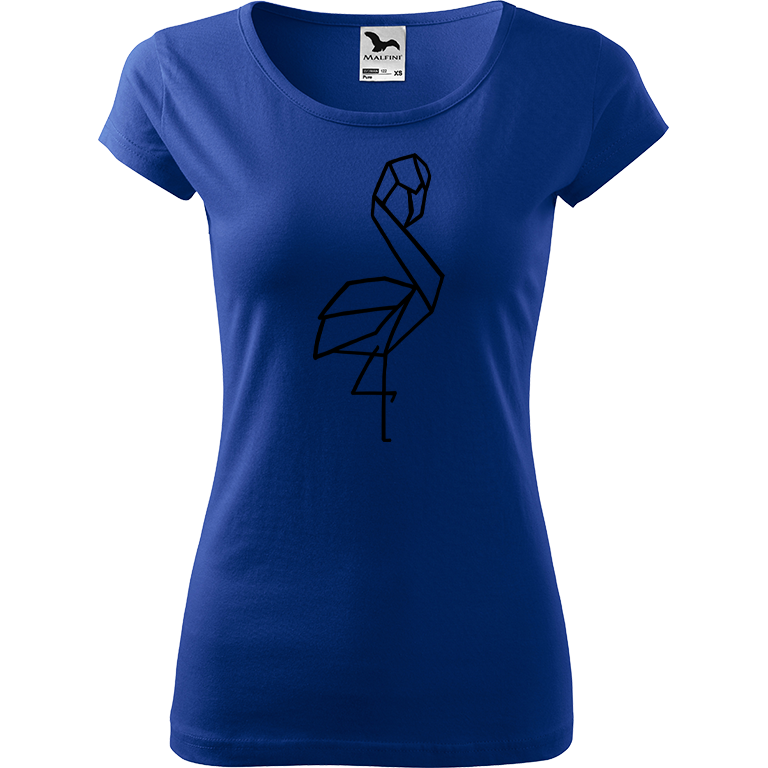 Ručně malované dámské bavlněné tričko - Plameňák - 1 Barva trička: MODRÁ, Velikost trička: XL, Barva motivu: ČERNÁ