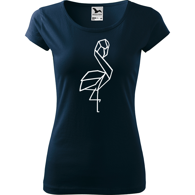 Ručně malované dámské bavlněné tričko - Plameňák - 1 Barva trička: NÁMOŘNICKÁ MODRÁ, Velikost trička: XS, Barva motivu: BÍLÁ
