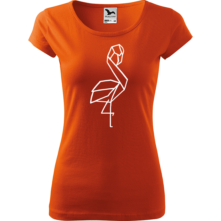 Ručně malované dámské bavlněné tričko - Plameňák - 1 Barva trička: ORANŽOVÁ, Velikost trička: S, Barva motivu: BÍLÁ