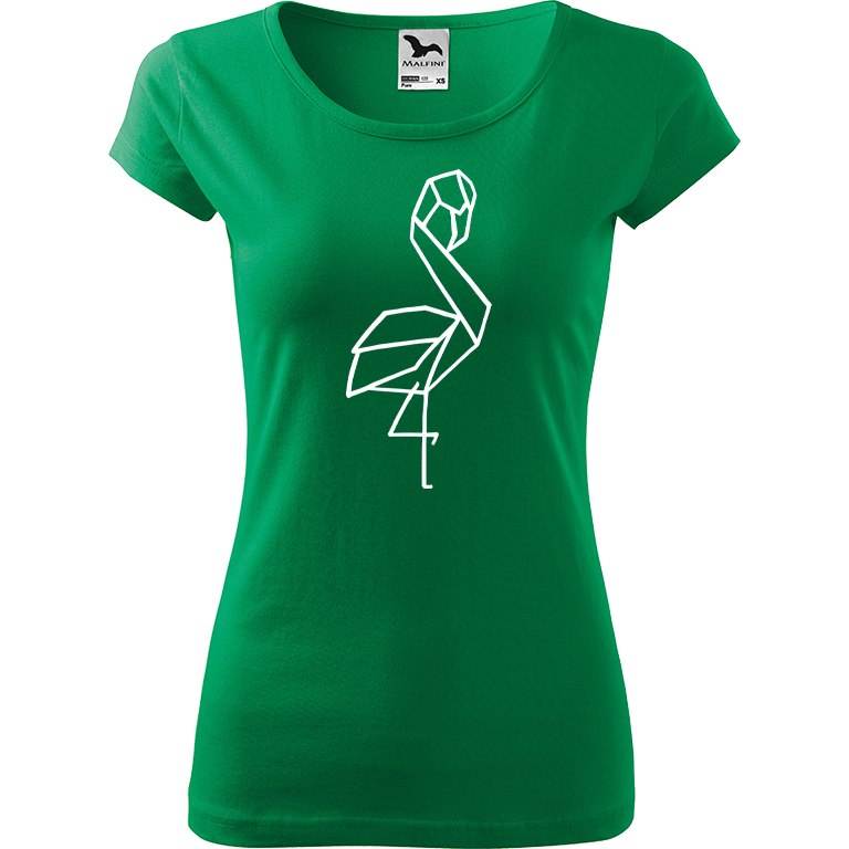 Ručně malované dámské bavlněné tričko - Plameňák - 1 Barva trička: STŘEDNĚ ZELENÁ, Velikost trička: S, Barva motivu: BÍLÁ