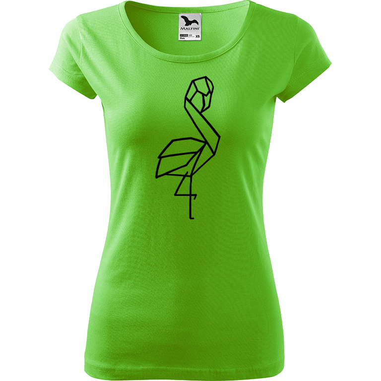 Ručně malované dámské bavlněné tričko - Plameňák - 1 Barva trička: SVĚTLE ZELENÁ, Velikost trička: L, Barva motivu: ČERNÁ