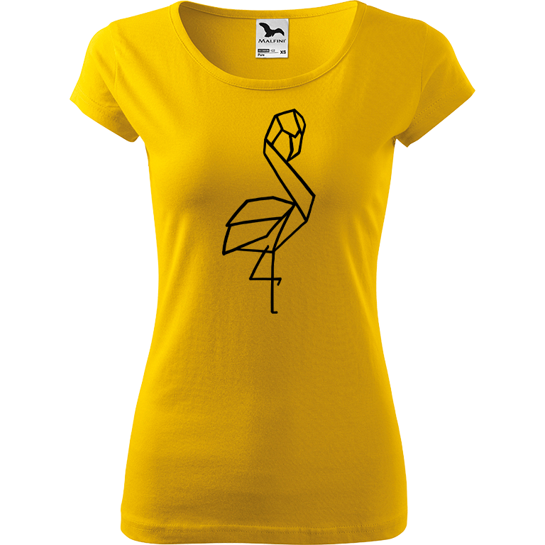 Ručně malované dámské bavlněné tričko - Plameňák - 1 Barva trička: ŽLUTÁ, Velikost trička: XS, Barva motivu: ČERNÁ