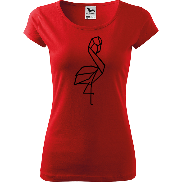 Ručně malované dámské bavlněné tričko - Plameňák - 1 Barva trička: ČERVENÁ, Velikost trička: XL, Barva motivu: ČERNÁ