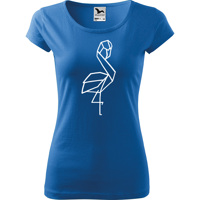 Ručně malované dámské bavlněné tričko - Plameňák - 1 Barva trička: AZUROVÁ, Velikost trička: L, Barva motivu: BÍLÁ