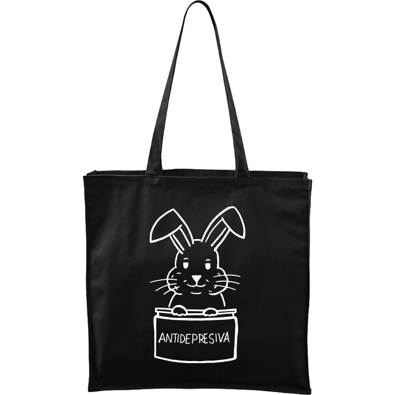 Ručně malovaná větší plátěná taška - Antidepresivní králík Barva tašky: ČERNÁ, Barva motivu: BÍLÁ