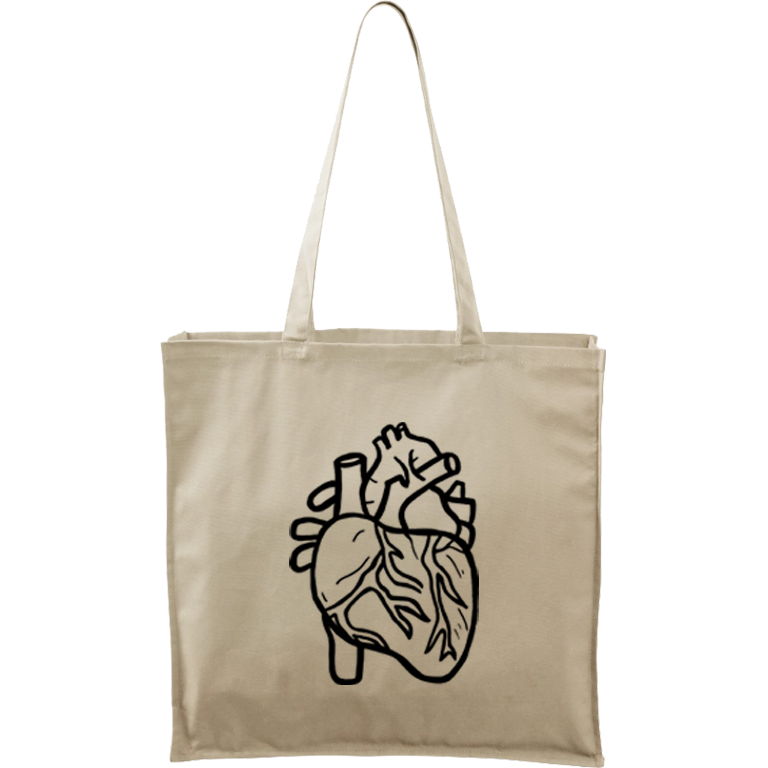 Ručně malovaná větší plátěná taška - Anatomické srdce Barva tašky: PŘÍRODNÍ, Barva motivu: ČERNÁ