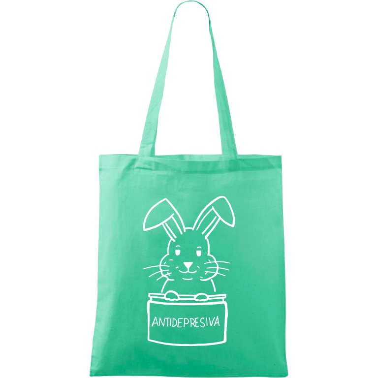 Ručně malovaná menší plátěná taška - Antidepresivní králík Barva tašky: SVĚTLE ZELENÁ, Barva motivu: BÍLÁ