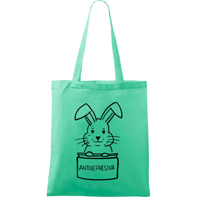 Ručně malovaná menší plátěná taška - Antidepresivní králík Barva tašky: SVĚTLE ZELENÁ, Barva motivu: ČERNÁ