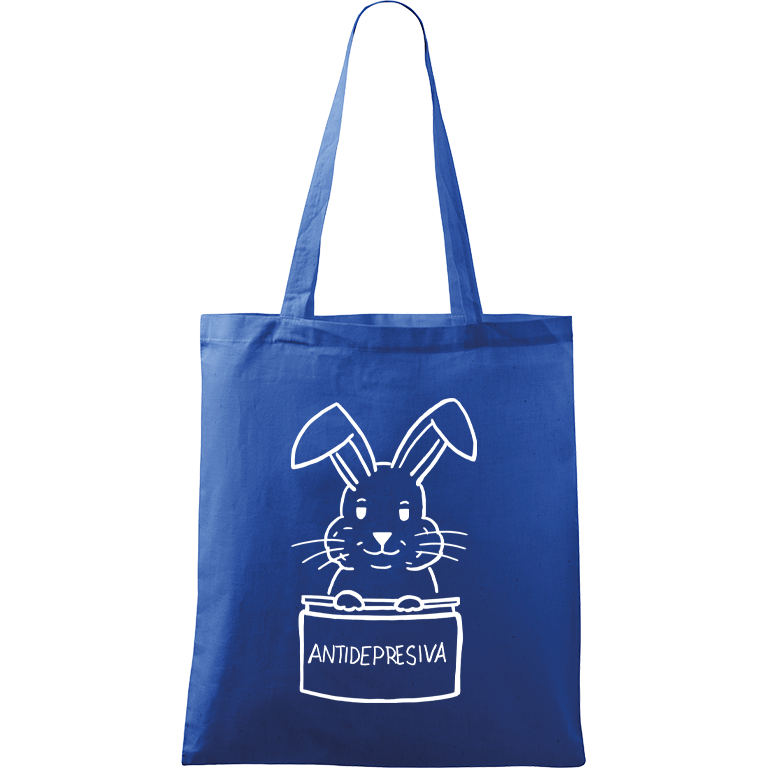 Ručně malovaná menší plátěná taška - Antidepresivní králík Barva tašky: MODRÁ, Barva motivu: BÍLÁ