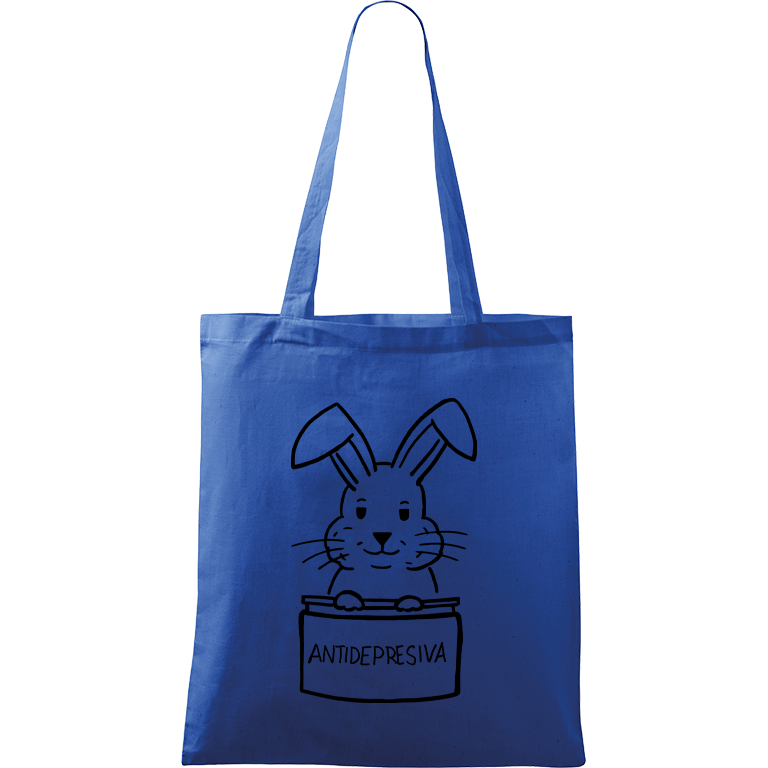 Ručně malovaná menší plátěná taška - Antidepresivní králík Barva tašky: MODRÁ, Barva motivu: ČERNÁ