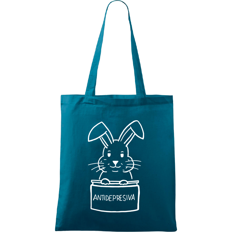 Ručně malovaná menší plátěná taška - Antidepresivní králík Barva tašky: PETROLEJOVÁ, Barva motivu: BÍLÁ