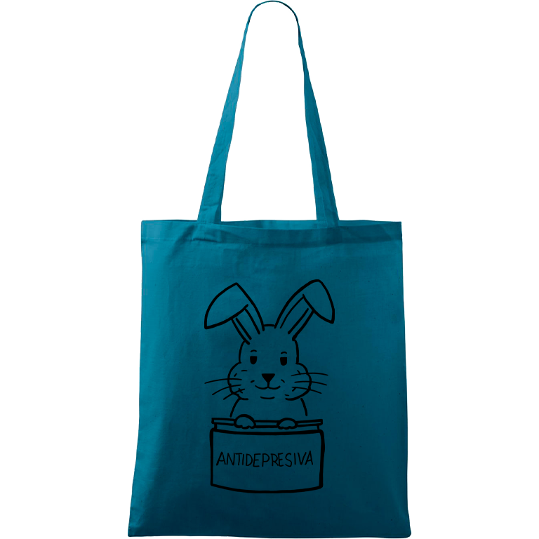 Ručně malovaná menší plátěná taška - Antidepresivní králík Barva tašky: PETROLEJOVÁ, Barva motivu: ČERNÁ