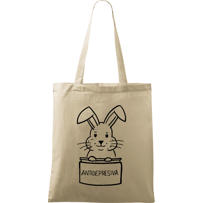 Ručně malovaná menší plátěná taška - Antidepresivní králík Barva tašky: PŘÍRODNÍ, Barva motivu: ČERNÁ