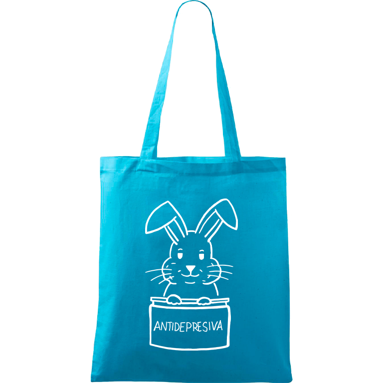 Ručně malovaná menší plátěná taška - Antidepresivní králík Barva tašky: TYRKYSOVÁ, Barva motivu: BÍLÁ