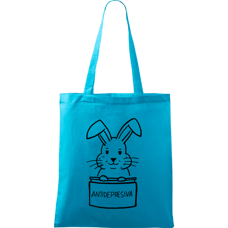 Ručně malovaná menší plátěná taška - Antidepresivní králík Barva tašky: TYRKYSOVÁ, Barva motivu: ČERNÁ
