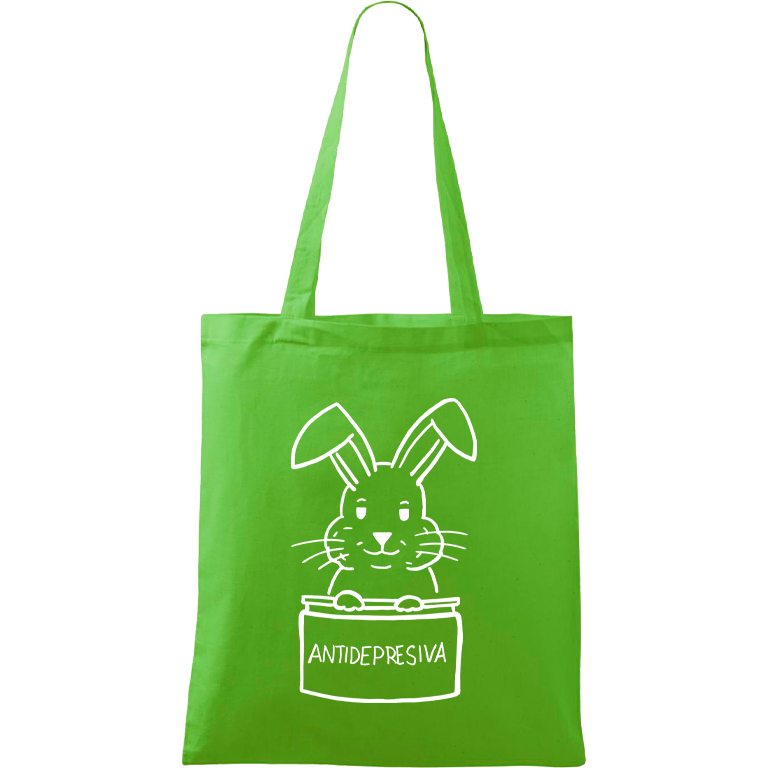Ručně malovaná menší plátěná taška - Antidepresivní králík Barva tašky: ZELENÁ, Barva motivu: BÍLÁ