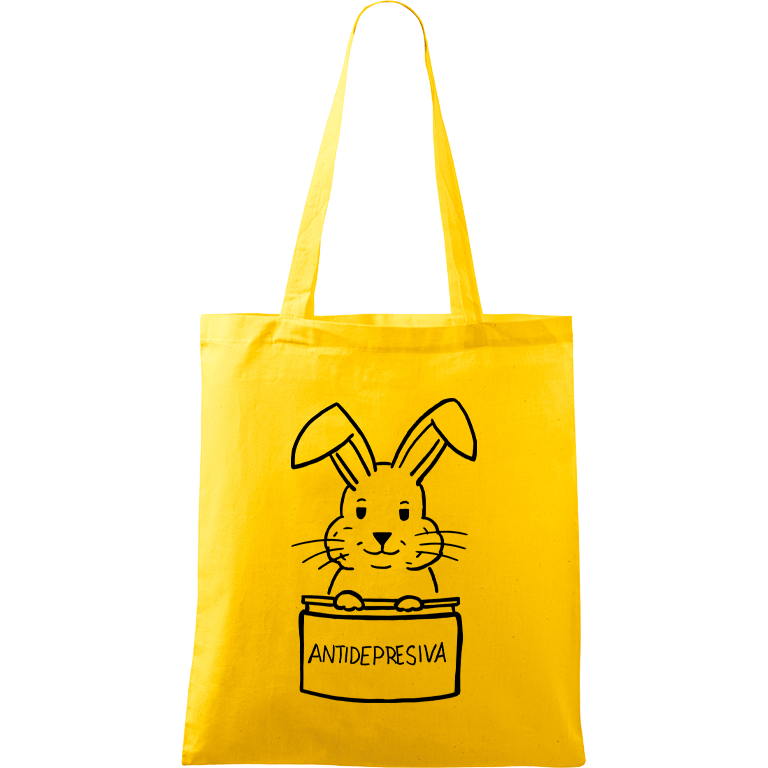 Ručně malovaná menší plátěná taška - Antidepresivní králík Barva tašky: ŽLUTÁ, Barva motivu: ČERNÁ