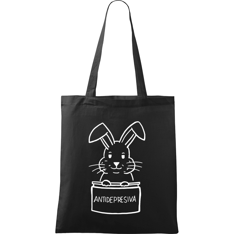 Ručně malovaná menší plátěná taška - Antidepresivní králík Barva tašky: ČERNÁ, Barva motivu: BÍLÁ