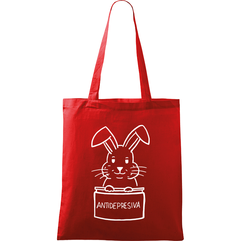 Ručně malovaná menší plátěná taška - Antidepresivní králík Barva tašky: ČERVENÁ, Barva motivu: BÍLÁ