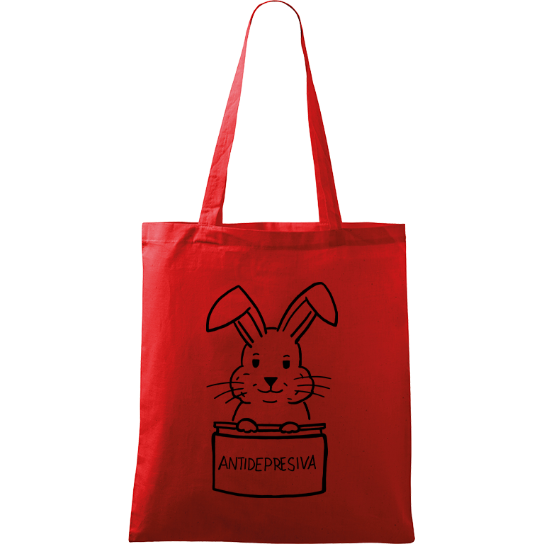 Ručně malovaná menší plátěná taška - Antidepresivní králík Barva tašky: ČERVENÁ, Barva motivu: ČERNÁ