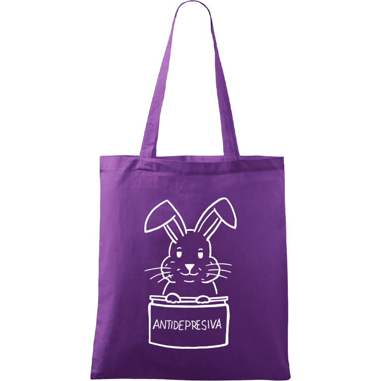 Ručně malovaná menší plátěná taška - Antidepresivní králík Barva tašky: FIALOVÁ, Barva motivu: BÍLÁ