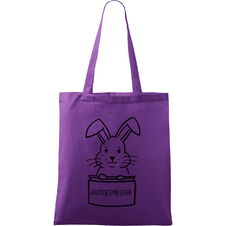 Ručně malovaná menší plátěná taška - Antidepresivní králík Barva tašky: FIALOVÁ, Barva motivu: ČERNÁ