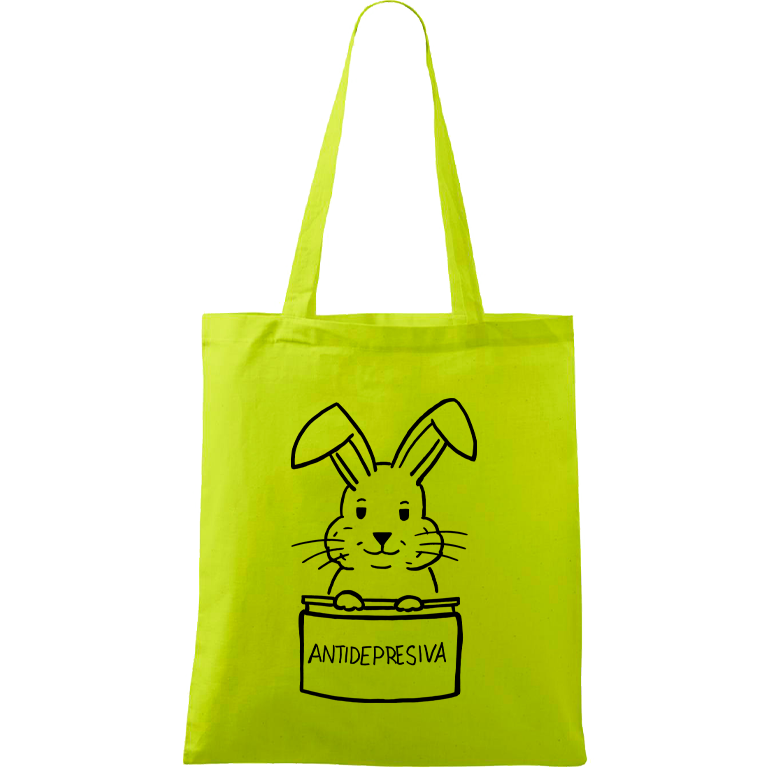 Ručně malovaná menší plátěná taška - Antidepresivní králík Barva tašky: LIMETKOVÁ, Barva motivu: ČERNÁ