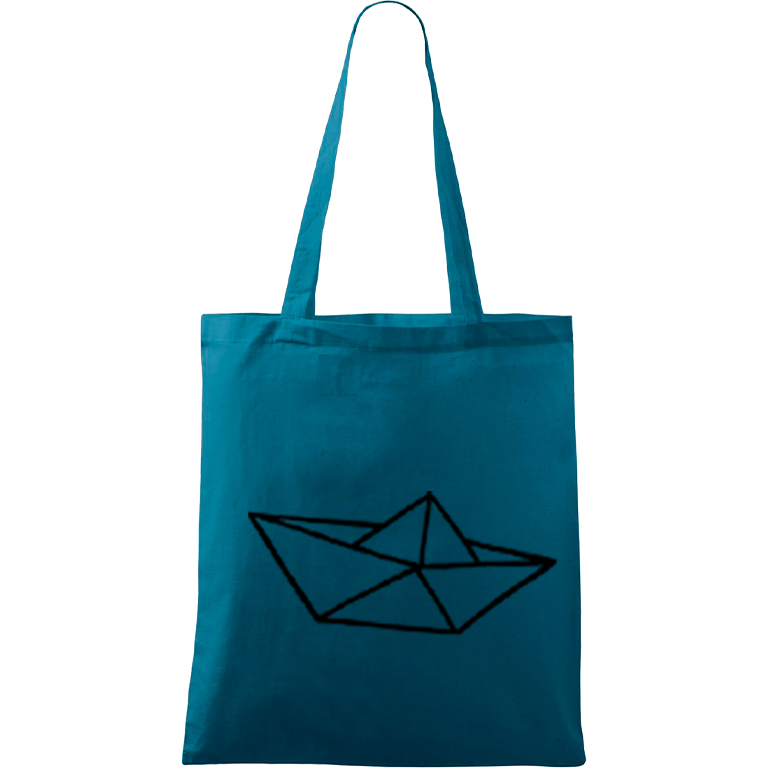 Ručně malovaná menší plátěná taška - Papírová loďka Barva tašky: PETROLEJOVÁ, Barva motivu: ČERNÁ