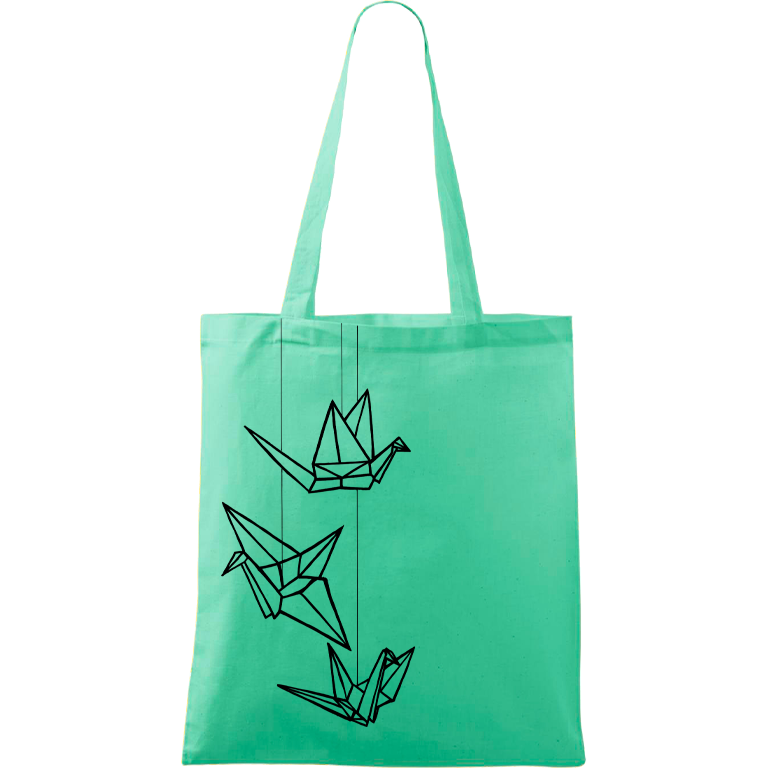 Ručně malovaná menší plátěná taška - Origami jeřábi Barva tašky: SVĚTLE ZELENÁ, Barva motivu: ČERNÁ