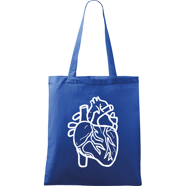 Ručně malovaná menší plátěná taška - Anatomické srdce Barva tašky: MODRÁ, Barva motivu: BÍLÁ