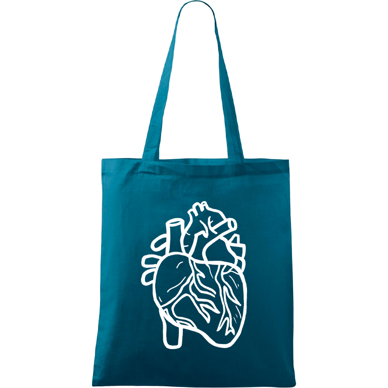 Ručně malovaná menší plátěná taška - Anatomické srdce Barva tašky: PETROLEJOVÁ, Barva motivu: BÍLÁ