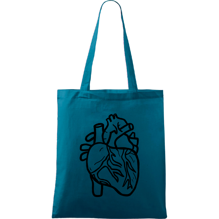 Ručně malovaná menší plátěná taška - Anatomické srdce Barva tašky: PETROLEJOVÁ, Barva motivu: ČERNÁ