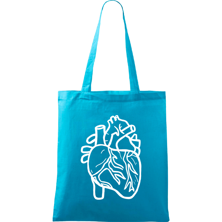 Ručně malovaná menší plátěná taška - Anatomické srdce Barva tašky: TYRKYSOVÁ, Barva motivu: BÍLÁ